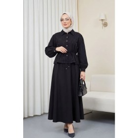 Resim Moda Morfo Taşlı Düğmeli Beli Bağlamalı Etekli Jakar Takım -Siyah 