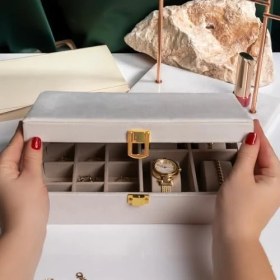 Resim Storemax Bej Kadife Mücevher Organizer Takı Kutusu Düzenleyici | Aynalı, Bölmeli, Şık Takı Saklama Kutusu, Kadife Kaplama 25×16×7 cm 