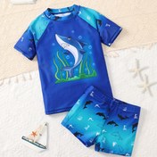Resim Erkek Çocuklar için Hızlı Kuruyan Karikatür Köpekbalığı Plaj Mayo - Hafif, Nefes Alabilen Polyester, Rahat Crew Neck T-Shirt ve Yüksek Elastikiyetli Şort Seti Tüm Mevsimler İçin 