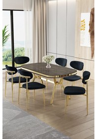 Resim Canisa Olya Serisi 90x168 Lak Panel Antrasit İroni Masa Takımı Gold Ayaklı 6 Antrasit Sandalye Antrasit İroni Masa Antrasit Sandalye 