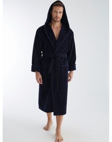 Resim Yaka Fitilli Bambu Cotton Erkek Bornozu Lacivert 