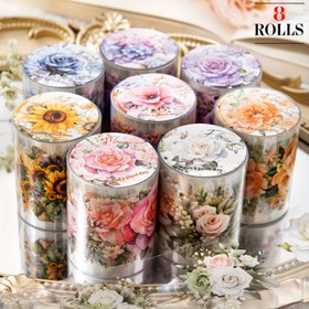 Resim 8 Rulo Çiçek Bantı Çiçek Etiketleri Güneş Çiçeği Gül Hortensia Kelebek Dekoratif Maskleme Bantı Vintage Bantlar Pet Bantı Dekoratif Bant El Sanatları Günlük Yazılar Scrapbook Malzemeleri 