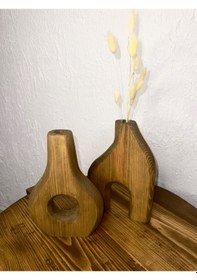 Resim O&a Wood Doğal Ahşap Dekoratif Ikili Takım Biblo Vazo Koyu Meşe 