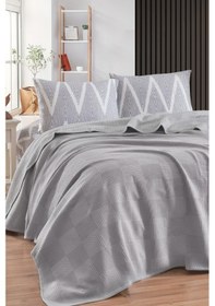 Resim Lastikli Çarşaflı Pike Takımı Çift Kişilik %100 Pamuk 4 Parça K.olivia Desenli Gri Weave Serisi Gri 