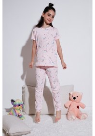 Resim Lela % 100 Pamuk Bisiklet Yaka Kısa Kollu Kız Çocuk Pijama Takımı 6651002 Pembe-Beyaz 
