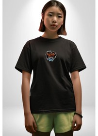 Resim Basketbol Potası Bulutlu Siyah Siyah Oversize Unisex Ön Orta Minimal Baskılı Tişört Siyah 