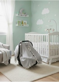 Resim Örgülü Keten Puset Örtüsü - Yeşil Renk Ponponlu Bebek Taşıma Örtüsü Gri 