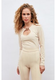 Resim Sateen Zincir Detaylı Bluz - Bej 