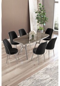 Resim Canisa Lena Serisi 90x160 Lak Panel Antrasit İroni Krom Kaplama Ayaklı Masa Takımı Ve 6 Siyah Sandalye Antrasit İroni Masa Siyah Sandalye Ayaklar Krom 