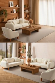 Resim LİNOVAHOME Bouclé Bohem Model Koltuk Takımı 3+3+1 Ekru Renk 