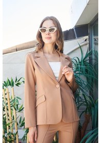 Resim Kadın Yakalı Cep Kapaklı Tek Düğme Hafif Lirkalı Kumaş Blazer Ofis Ceket Pantolon Kodu Jument 40082 -camel CAMEL 