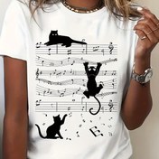 Resim Kedi & Müzik Nokta Grafikli Crew Neck Rahat Üst, Kısa Kollu Spor Tee, Kadınların Aktif Giyim 