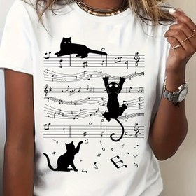 Resim Kedi & Müzik Nokta Grafikli Crew Neck Rahat Üst, Kısa Kollu Spor Tee, Kadınların Aktif Giyim 