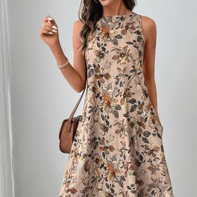 Resim Kadınlar için yuvarlak yaka, fermuar detaylı, hafif polyester, bahar/yaz için mükemmel, rahat şık | Çiçek desenli elbise | Fermuar kapanışlı, sevimli elbiseler 