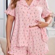 Resim Yaz Özel, Plus Beden Kadınlar İçin Rahat Pijama Takımı - Küçük Çiçek Deseni, Kabarık Krep Kumaş ve Fırfır Dantel Detaylı, Yaka Düğmeli Kısa Kollu & Elastik Bel Şortlu Ev Giyimi Seti 402 