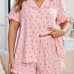 Resim Yaz Özel, Plus Beden Kadınlar İçin Rahat Pijama Takımı - Küçük Çiçek Deseni, Kabarık Krep Kumaş ve Fırfır Dantel Detaylı, Yaka Düğmeli Kısa Kollu & Elastik Bel Şortlu Ev Giyimi Seti 402 