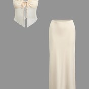 Resim Şık Askısız Çift Katmanlı File Üst & Ekstra Uzun Etek Takımı - Bej, Polyester, Kolsuz, Vücuda Uygun, Tüm Mevsimler İçin, Yetişkin Kadınlar İçin Mükemmel, Moda Kıyafet|Şık Askısız Üst|Polyester Kumaş 