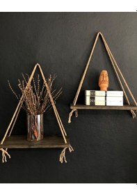 Resim O&Awood 2'Li Halatlı Doğal Ahşap Raf, Dekoratif Duvar Rafı, Ceviz 