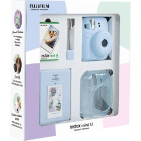 Resim Fujifilm Instax Mini 12 Mavi Fotoğraf Makinesi 10'lu Film Simli Pleksi Kılıf Pvc Albüm ve Kıskaçlı Resim Standı Bundle Box 