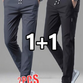 Resim 2 adet Erkek Hafif Düz Bacaklı Rahat Pantolon - Elastik Bel ile İplik, Yan Cebi, İş, Ofis ve Açık Hava Aktiviteleri için Nefes Alabilen Kumaş, Rahat Rahat Giyim, Pürüzsüz Dokulu Pantolonlar 