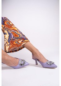 Resim Modabuymus Lila Renk Arkası Açık Taşlı Stiletto Kısa Topuklu Ayak 