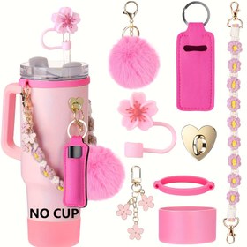 Resim 8 Parça Silikon Spor Su Şişesi Aksesuar Seti - Evrensel Uyumlu Tutacak, Koruyucu Kılıf, Pipet Kapağı, Ruj Çantası ve Süsler 30oz/40oz Spor Bardaklar İçin 