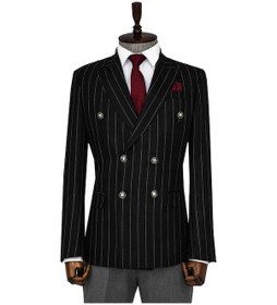 Resim Wessi Kruvaze Slim Fit Çizgili Siyah Erkek Ceket Siyah 