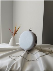 Resim Vivazzaluxe Modern Yuvarlak Model Simli Düğün Nişan Gelin Kadın Abiye Clutch Çanta Beyaz 