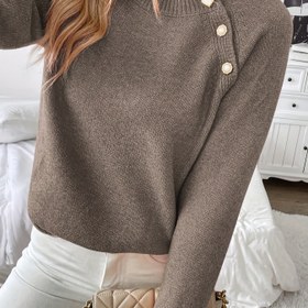 Resim Kadınlar için Şık Asimetrik Düğmeli Yuvarlak Yaka Uzun Kollu Kazak - Yumuşak Orta Esneklikte, Düz Renkli Günlük Şık Üst Sonbahar/Kış İçin, Elde Yıkama/Kuru Temizleme, Sevimli Kazaklar, Sonbahar Gardırop, Rahat Kalıp 
