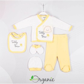 Resim Miniel Unisex Teddy Bear Nakışlı 5'li Organik Yenidoğan Bebek Hastane Çıkış Seti - Sarı 