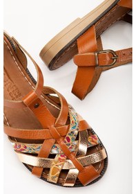 Resim 205-02 Taba Garni Ortopedik Hakiki Deri Kadın Sandalet Altın - Taba 