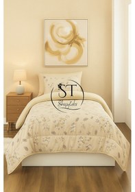 Resim Tek Kişilik Çiçekli Welsoft Yorgan Çift Taraflı 155x215 Bej 