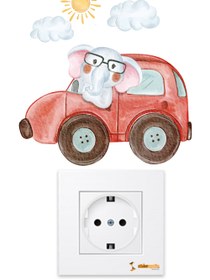 Resim Araba Süren Fil, Bulutlar ve Güneş Temalı Çocuk Odası Duvar Sticker - Priz Sticker - 14x15 cm / Renkli / Priz Sticker 