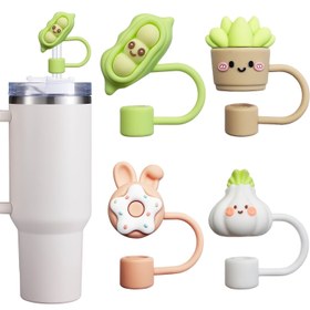 Resim 4 Adet Sevimli Hayvan & Bitki Pipet Uçları - Yeniden Kullanılabilir, Toz Geçirmez Parti Bardak Kapakları (Yeşil Bezelye Kabuğu, Sukulentler, Donut, Tavşan Desenleri), İçecek Süslemeleri, Eğlenceli İçecek Aksesuarları, Ev Partileri ve Organizasyonlar için Dekoratif Malzemeler 