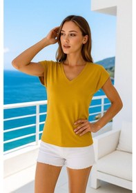 Resim Kadın Hardal Viskon V Yakalı T-shirt Kısa Kol Rahat Kesim Bluz Çok Renkli 