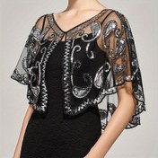 Resim 1920'lerin Sequin Boncuklu Flapper Şalı Şık Wraplar Mesh Nefes Alabilen Kısa Cape Vintage Akşam Cape Gelin Şalı Kadınlar Parti Prom Düğün için 