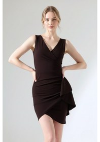 Resim Defymoda Kadın Volanlı Mini Modern Tasarım Elbise Kahverengi 