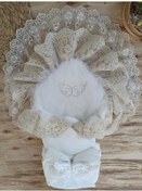 Resim Yenidoğan Sahra Taç Nakışlı Gold Angel Trilüks Kundak Bebek Battaniyesi Ekru 