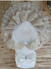 Resim Yenidoğan Sahra Taç Nakışlı Gold Angel Trilüks Kundak Bebek Battaniyesi Ekru 