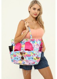 Resim İcone Bag Kadın Çantası, Fonksiyonel Baskılı Plaj Çanta, Beach Bag, Karpuz Tropical Desenli Fermuarlı Çanta Mavi - Pembe 