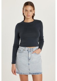 Resim Tudors Kadın Slim Fit Dar Kesim Bisiklet Yaka Antrasit Bluz-33371 Antrasit 