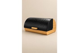 Resim Mis Kitchen Bambu Ekmek Kutusu - Siyah Metal Kapaklı Ekmek Dolabı Roll Top Bread Box 