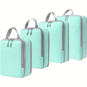 Resim Seyahat için 4 Adet Açık Mavi Kompresyon Küpleri - Fermuarlı Dayanıklı Polyester Genişleyebilen Valiz Düzenleyici, Bavullar ve Sırt Çantaları İçin Yer Tasarrufu Sağlayan Depolama 