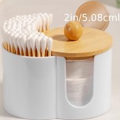 Resim Ahşap Kapaklı 2'si 1 Arada Plastik Pamuk Çubuğu ve Makyaj Temizleyici Saklama Kutusu - Çift Delikli Yuvarlak Tasarım, Banyo & Tuvalet Masası için Kompakt Düzenleyici, Beyaz & Kahverengi, Doğal Ahşap Vurgulu, Dayanıklı Kombinasyon, Saklama Kabı 