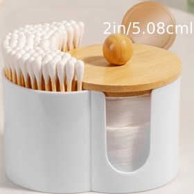 Resim Ahşap Kapaklı 2'si 1 Arada Plastik Pamuk Çubuğu ve Makyaj Temizleyici Saklama Kutusu - Çift Delikli Yuvarlak Tasarım, Banyo & Tuvalet Masası için Kompakt Düzenleyici, Beyaz & Kahverengi, Doğal Ahşap Vurgulu, Dayanıklı Kombinasyon, Saklama Kabı 