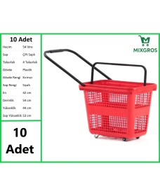 Resim Mixgros Tekerlekli Plastik Market Alışveriş El Sepeti 54 Litre Kırmızı 10 Adet 