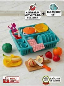 Resim Dede 35 Parça Çocuk Mutfak Oyun Seti Bulaşıklık Tabak Tencere Seti + Kesilebilen Meyve Sebze Seti 