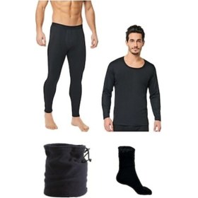 Resim Erkek Termal Alt Üst Takım Polar Boyunluk Bere Ve Termal Çorap Set Siyah 
