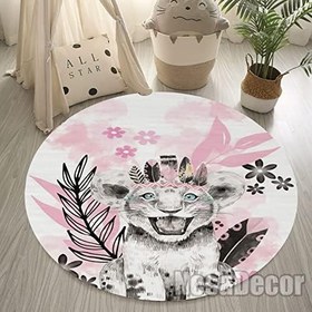 Resim Pembe Kaplan Figürlü Modern Çocuk Odası Halısı Dijital Baskı Yıkanabilir Kaymaz Taban (160 x 160 cm (Yuvarlak)) 