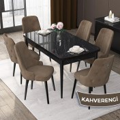 Resim Canisa Concept Nex Serisi Siyah Mermer 80 x 132 cm Mdf Mutfak Masası Takımı Metal Iskelet 6 Sandalye Gümüş Halka 